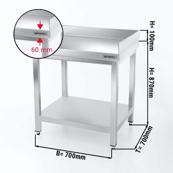 Nerezový pracovný stôl PREMIUM - 700x700 mm - so základnou policou a podstavcom vzadu + vpravo