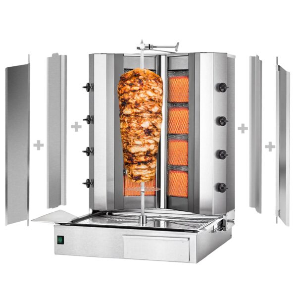 Plynový gril na kebab gyros/doner - 4 horáky tvar V - max 100 kg - vrátane 2 krytov a 2 krídlových dverí
