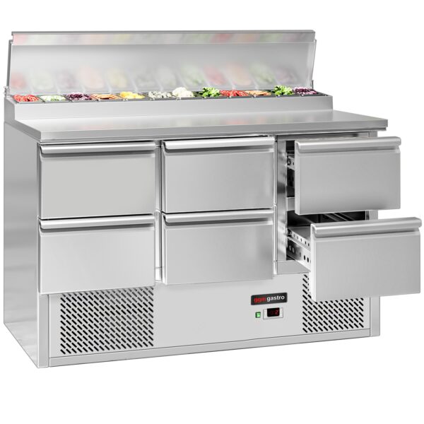 Pizza chladiaci stôl s chladiacou vitrínou 1,37 x 0,7 m / Prípravný stôl 6 zásuviek