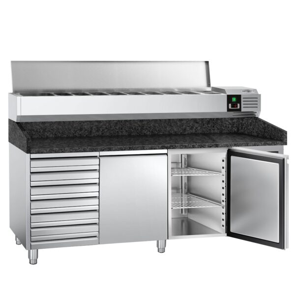 Chladiaci stôl na pizzu PREMIUM - 2000x800mm - s 2 dvierkami & 7 zásuvkami - vrátane chladiacej vitríny - 10x GN 1/4 - Image 6