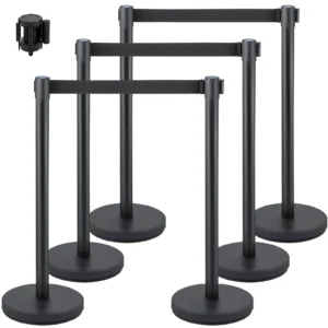 6-dílné sloupky pro regulaci davu vyrobené ze železa a oceli, černé, s nastavitelnou délkou pásu, bariérovým pásem, sloupky pro regulaci řady, 33 kg bariérovými sloupky pro oddělení prostor