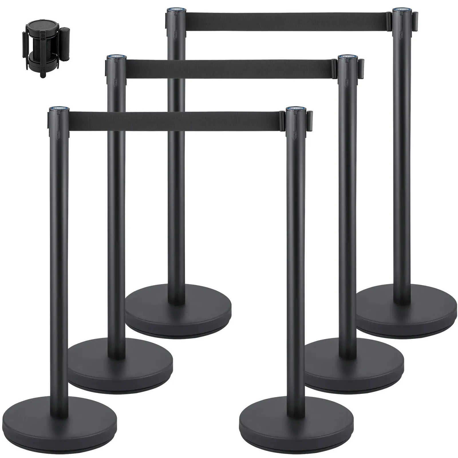 6-dílné sloupky pro regulaci davu vyrobené ze železa a oceli, černé, s nastavitelnou délkou pásu, bariérovým pásem, sloupky pro regulaci řady, 33 kg bariérovými sloupky pro oddělení prostor