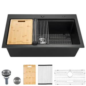 Kuchyňský dřez Granite (84 x 56 x 25 cm) pro povrchovou montáž, vestavný dřez ve venkovském stylu s příslušenstvím, dřez do domácnosti pro obytné automobily, kuchyňky pro přípravu jídel, bary, černý