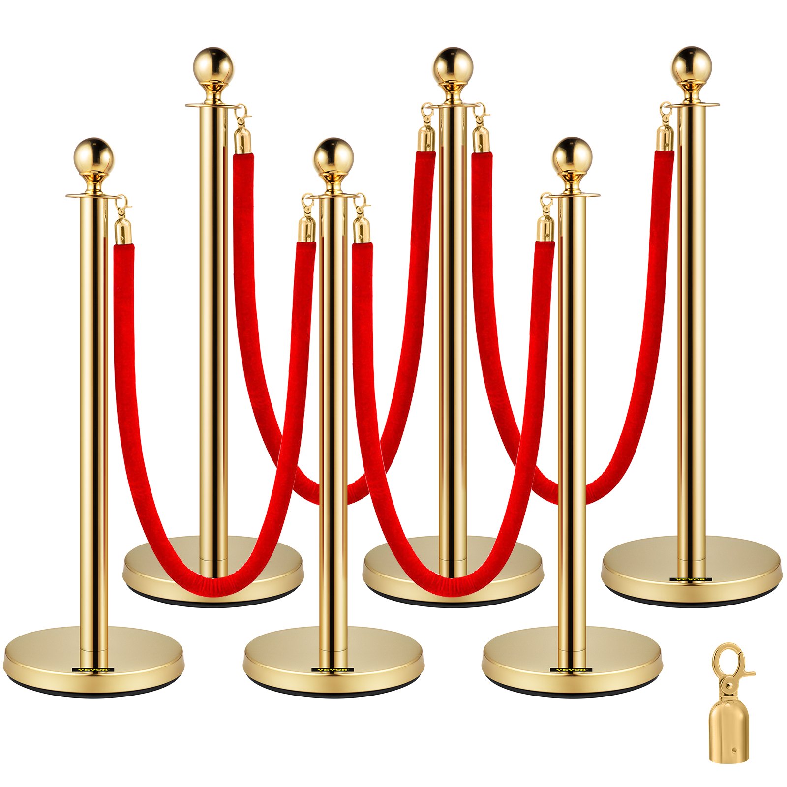 Sloupky pro regulaci davu se sametovým lanem, balení 6 kusů. Sloupky na regulaci davu se 4 x 1,52 m dlouhými červenými sametovými lany, zábrany z nerezavějící oceli s kulovou hlavou na akce, muzea, večírky