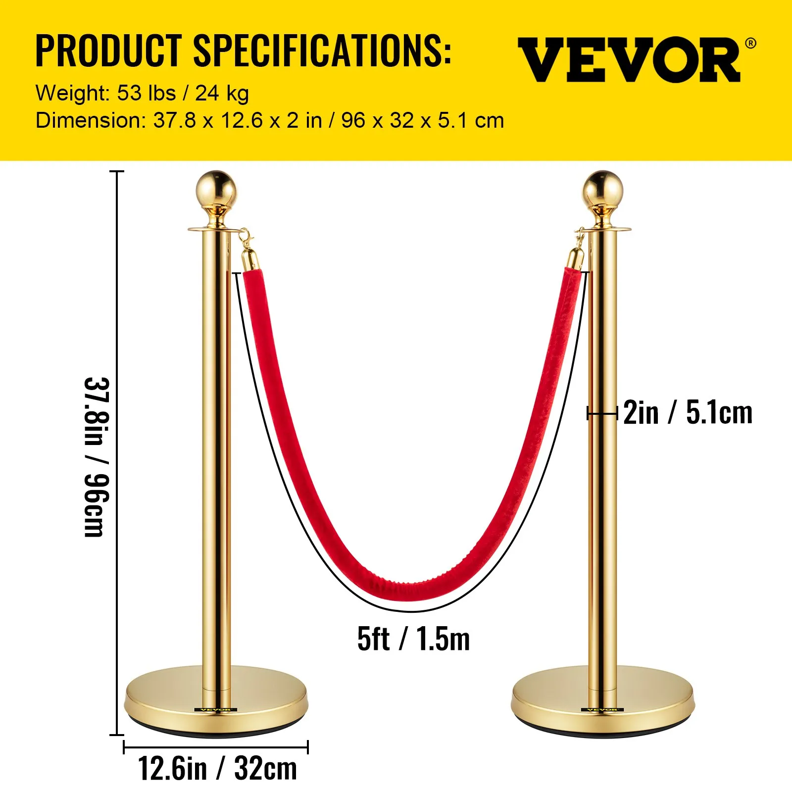 4-dílný systém pro regulaci davu, celková výška 96 cm, bariéra, sloupek, rozváděcí sloupek, sloupek s lanem délky 1,5 m pro svatby, hotely, výstavy, zlatý sloupek - Obrázek 6