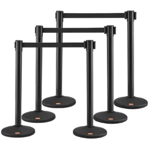 Systém pro regulaci davu Bariérová páska Bariérový sloupek 6-dílný, 2 mx 48 mm černý navíjecí pás, bariérové ​​sloupky systému pro regulaci davu vhodné pro letiště, veletrhy, místa konání soutěží atp.