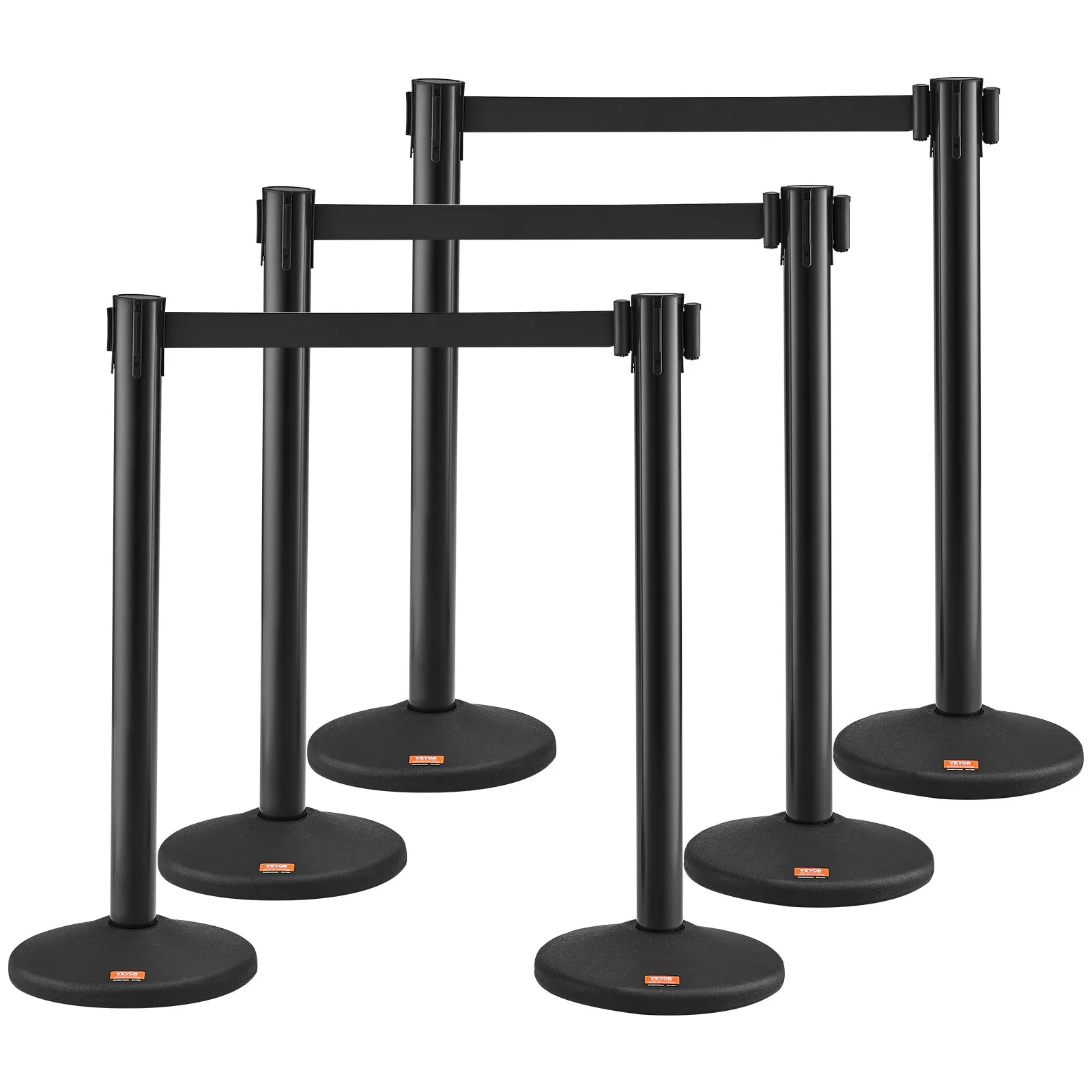 Systém pro regulaci davu Bariérová páska Bariérový sloupek 6-dílný, 2 mx 48 mm černý navíjecí pás, bariérové sloupky systému pro regulaci davu vhodné pro letiště, veletrhy, místa konání soutěží atp.
