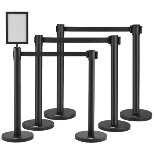 Systém pro kontrolu davu, bariérový pás, 6-dílný, 2 mx 48 mm černý navíjecí pás, bariérové ​​sloupky se značením pro letiště, veletrhy, místa konání soutěží atp.