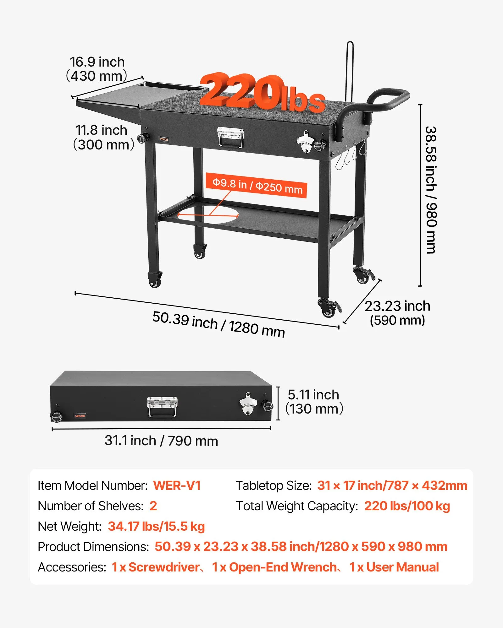 Venkovní grilovací vozík 787x432 mm (velikost stolu), skládací grilovací stůl s držákem na kapesníky, háčky, kolečky a bočním stolkem, stůl na přípravu grilu, servírovací vozík na piknik, do kuchyně a zahrady - Obrázek 5