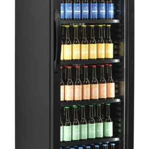 Chladící skříň jednodveřová s prosklenými dveřmi, černé provedení CEV 425 BLACK Tefcold 345L / 2.2 kWh