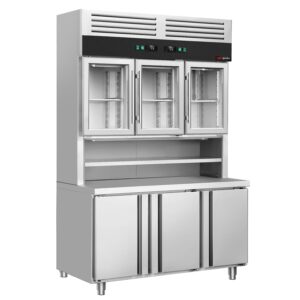 Chlazený pult s nástěnnou chladící policí - 1350x800mm - 3 skleněné dveře nahoře, 3 dveře dole - pracovní plocha