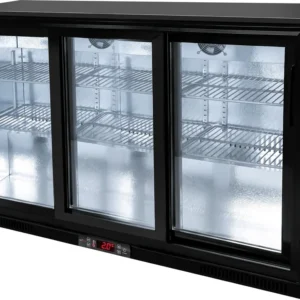 Barová chladnička - 1350 x 540 x 900 mm, se 3 skleněnými dveřmi a 2 policemi - černá
