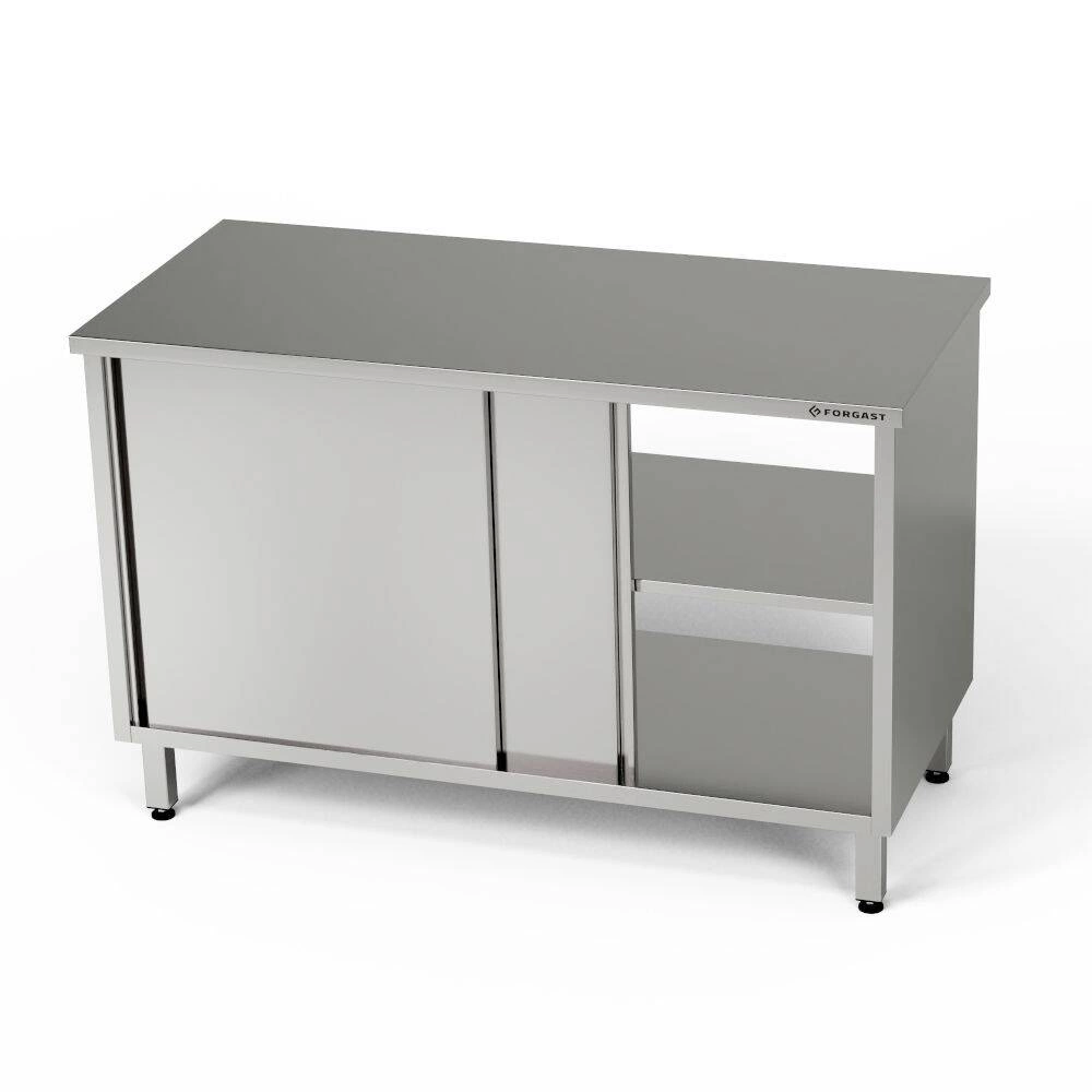 Průchozí pracovní stůl z nerezavějící oceli se skříňkou 150x60x85 cm | FORGAST