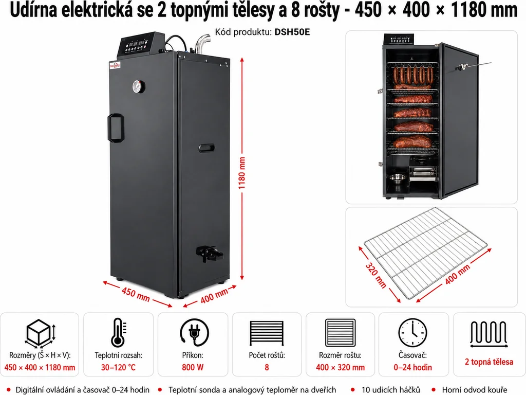 Elektrická udírna s 8 rošty a dvěma topnými tělesy – 1 600 W - Obrázek 9
